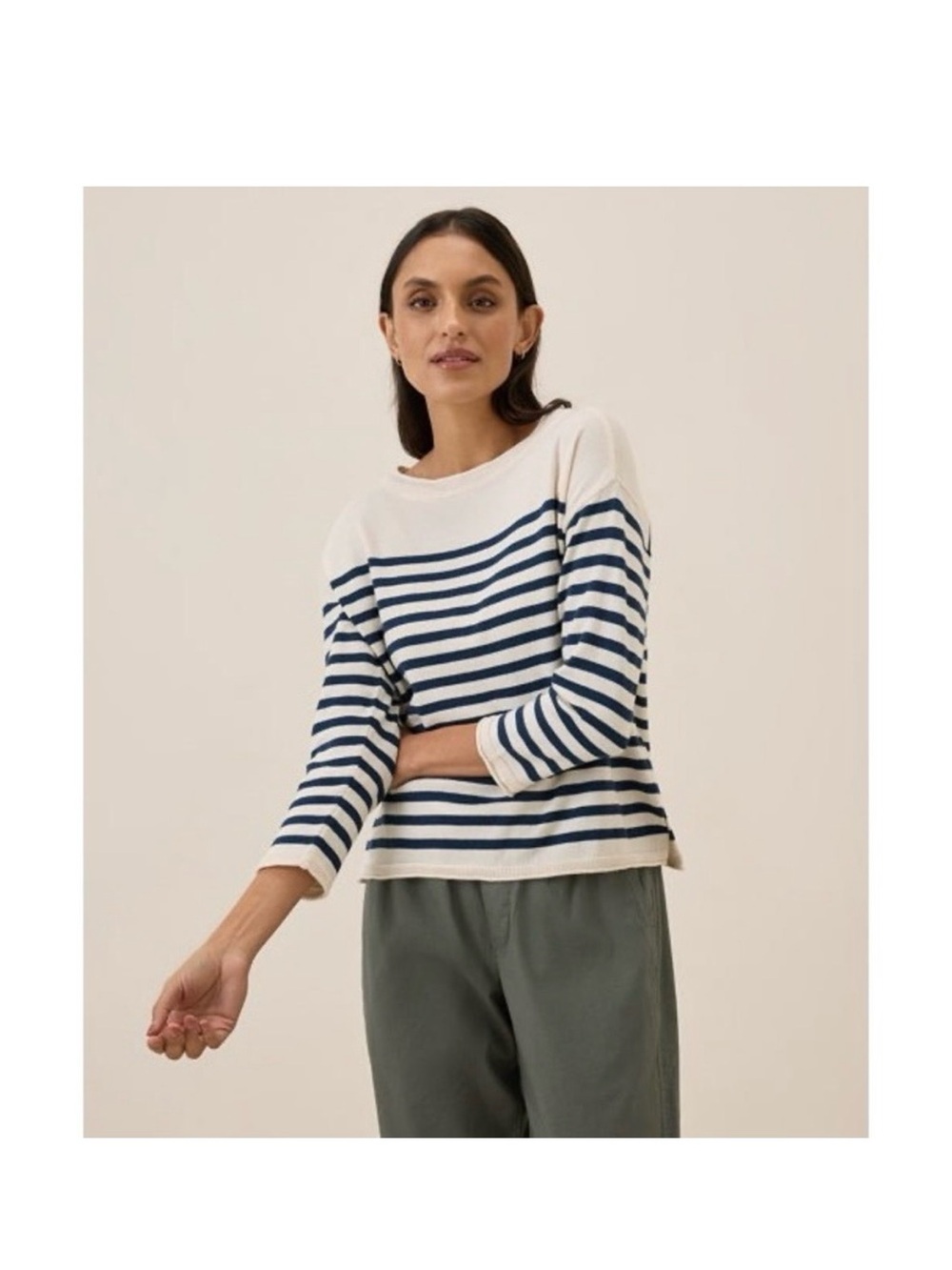 Pact L Striped Navy and Cream Boatneck Women's Top